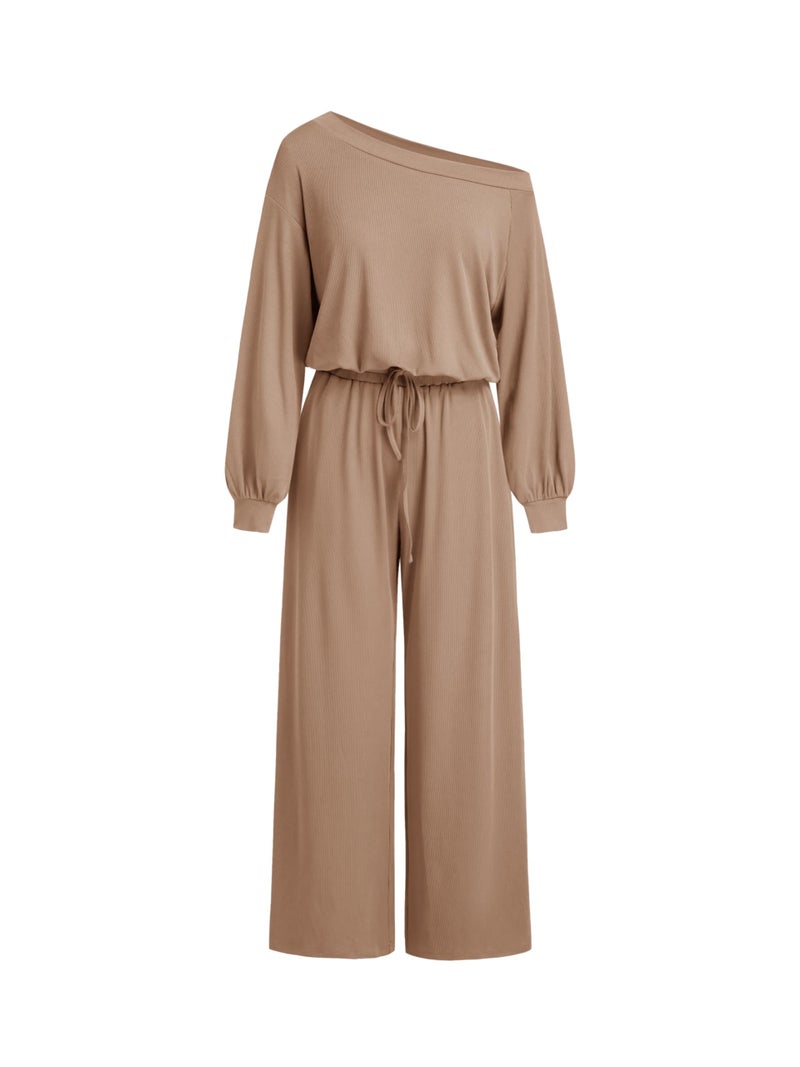 CIDER Women's Casual Jumpsuits with Pockets Asymmetrical Neck Drawstring long Sleeve Off Shoulder Lounge Outfits Pajama: Khaki, XL - Image 1