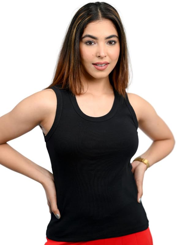 Mlada Store Mlada Cotton Ribbed Knit Tops for Women with Non Transparent Fabric | Stretchable Rib Knitted Sleeveless Racerback Tank Top with Crew Neck | Fitted Rib Knitted Cropped Vest Top - Black, 2XL - Image 1
