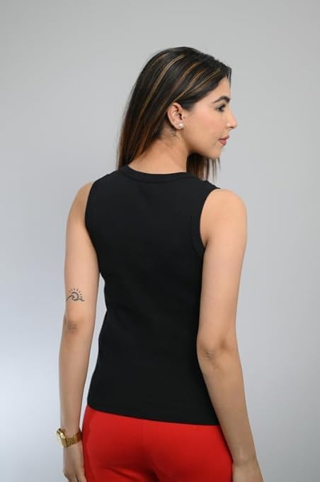 Mlada Store Mlada Cotton Ribbed Knit Tops for Women with Non Transparent Fabric | Stretchable Rib Knitted Sleeveless Racerback Tank Top with Crew Neck | Fitted Rib Knitted Cropped Vest Top - Black, 2XL - Image 3