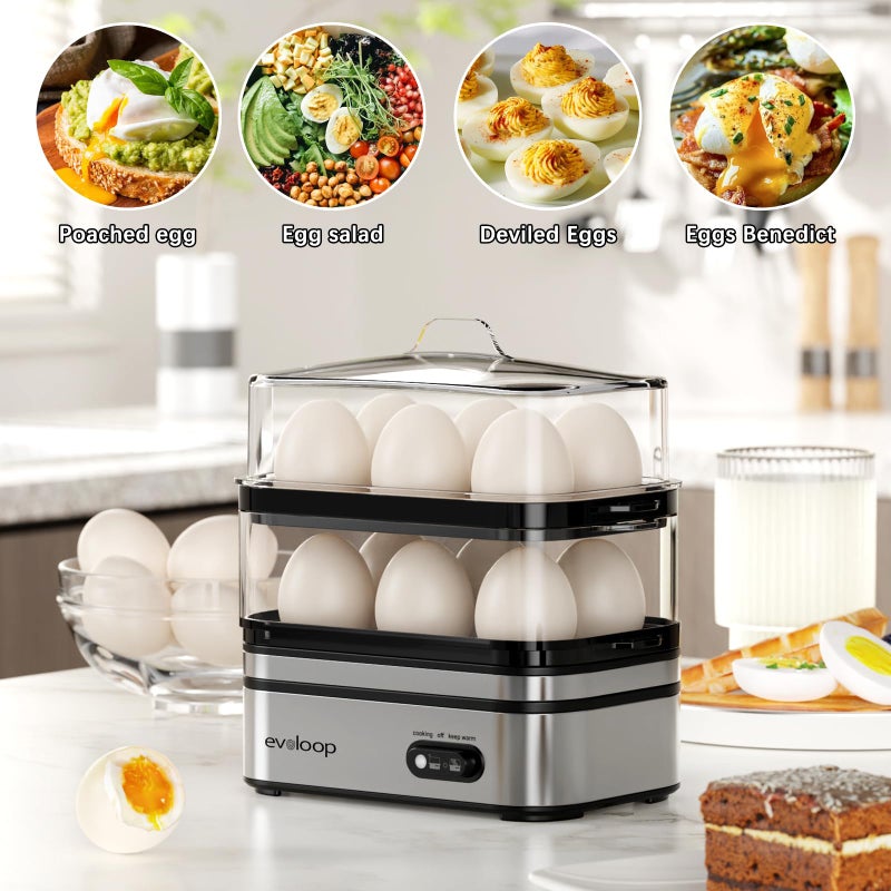 Evoloop Rapid Egg Cooker Electric 12 Eggs Capacity, Soft, Medium, Hard Boiled, Poached, Omelet Maker Egg Poacher & Vegetable Steamer, BPA Free Tray - Image 5