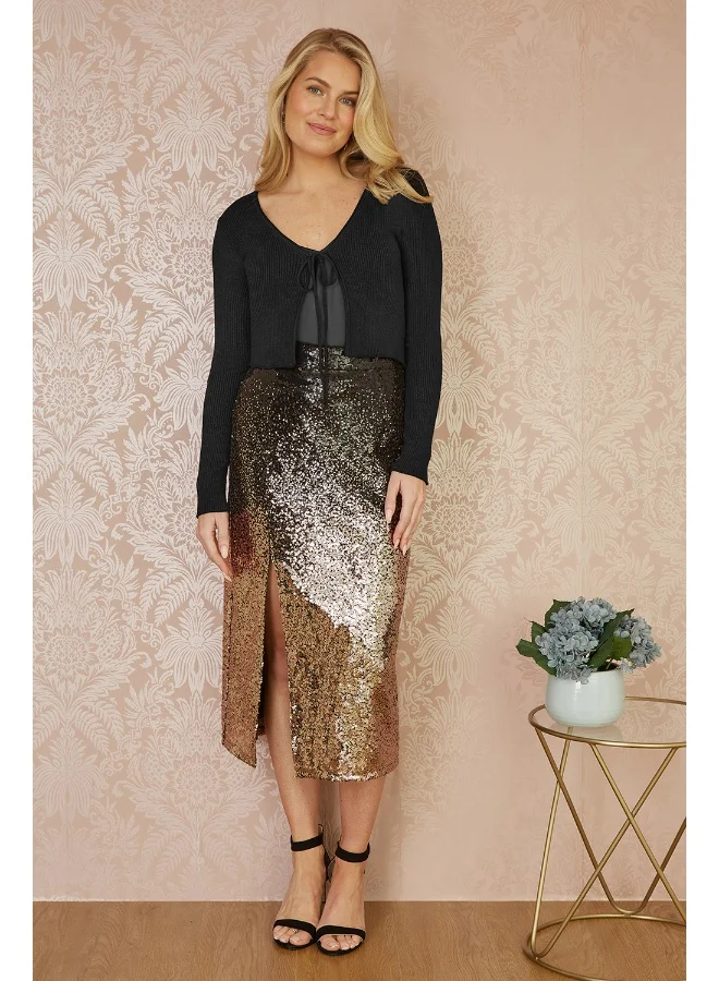 Yumi Black Metallic Knitted Ribbed Tie Front Bolero
