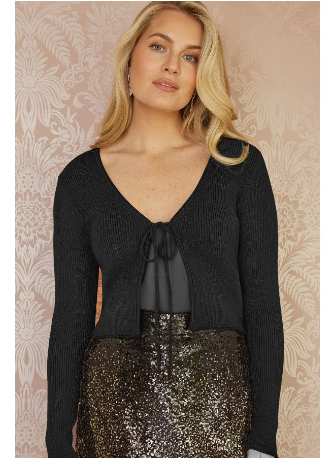 يامي Black Metallic Knitted Ribbed Tie Front Bolero
