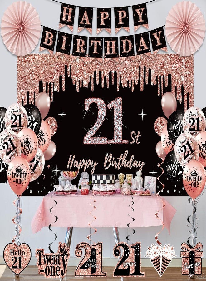 Uiorgui 21st Birthday Decorations for Her, 33pcs 21 Crown and Sash, Black Rose Gold Happy 21st Birthday Banner Balloons Backdrop Hanging Swirls Paper Fans, 21 Years Old Party Decorations Kit - Image 5