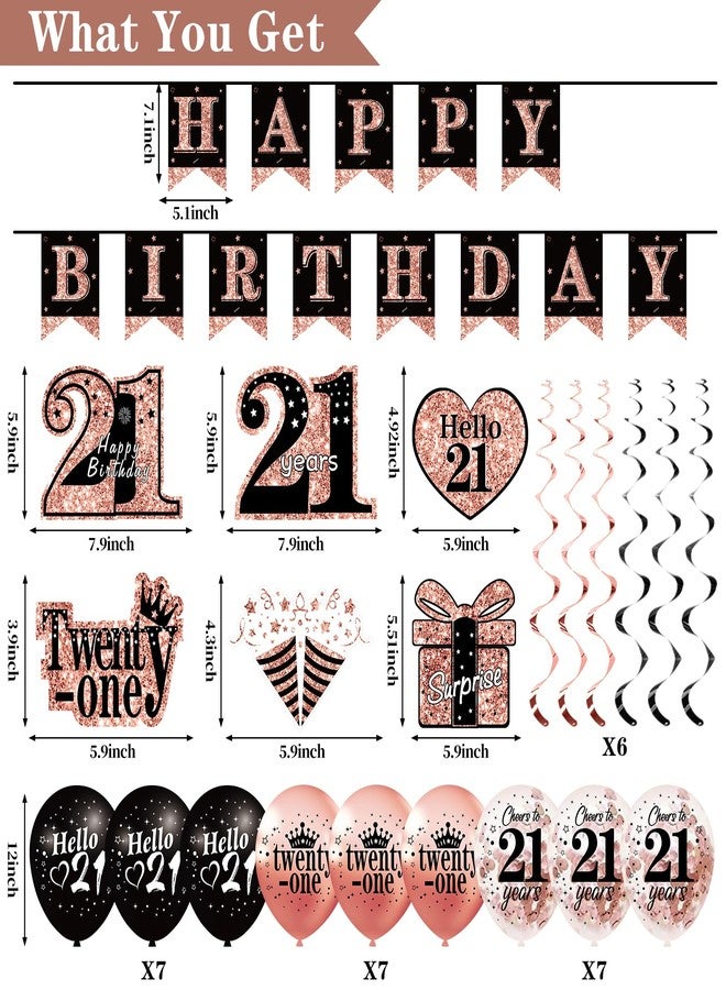 Uiorgui 21st Birthday Decorations for Her, 33pcs 21 Crown and Sash, Black Rose Gold Happy 21st Birthday Banner Balloons Backdrop Hanging Swirls Paper Fans, 21 Years Old Party Decorations Kit - Image 2
