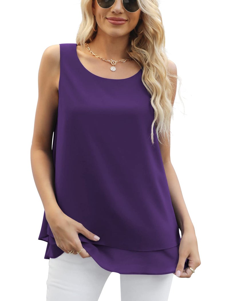 Jouica Women's Summer Round Neck Sleeveless Blouse Business Casual Blouse Tops Chiffon Flowy Tank Tops for Women,Dark Purple,Medium - Image 4