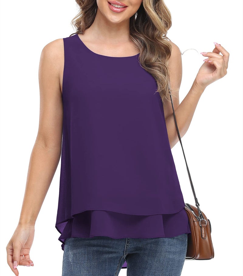 Jouica Women's Summer Round Neck Sleeveless Blouse Business Casual Blouse Tops Chiffon Flowy Tank Tops for Women,Dark Purple,Medium - Image 2