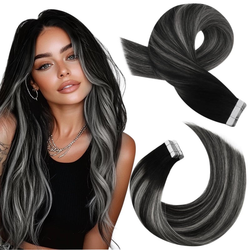 Moresoo Ombre Tape in Hair Extensions Human Hair Tape in Extensions Balayage Off Black to Silver Mix Black Glue in Real Human Hair Extensions 18 Inch 1BSilver1B 20pcs 50g