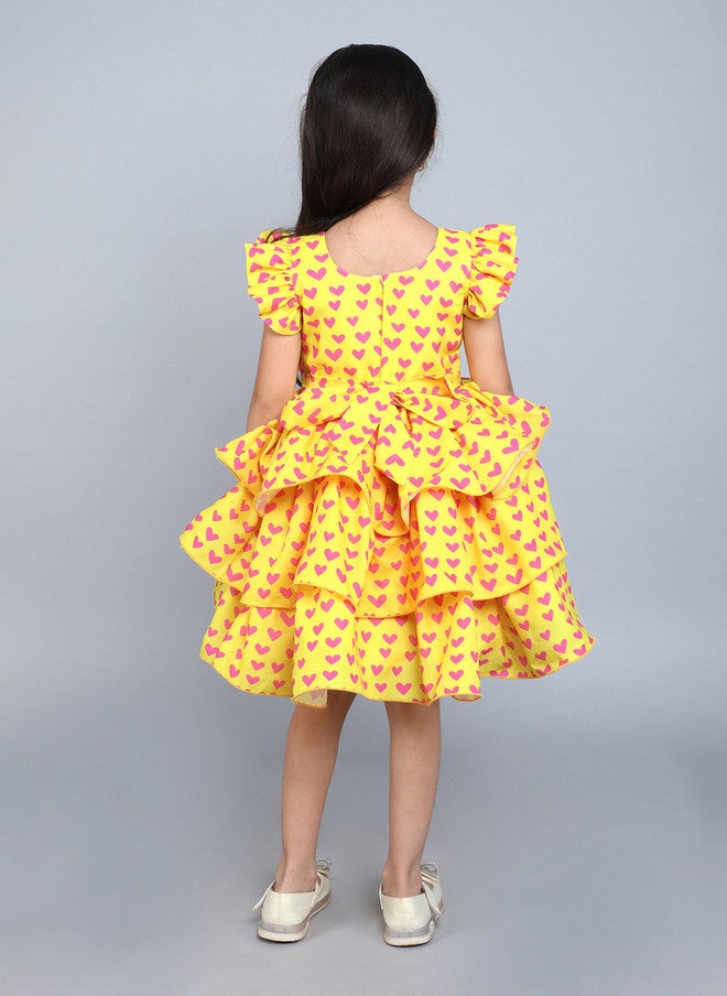 PinkChick Flutter Sleeve Yellow Heart Print Dress for Girls - Image 5