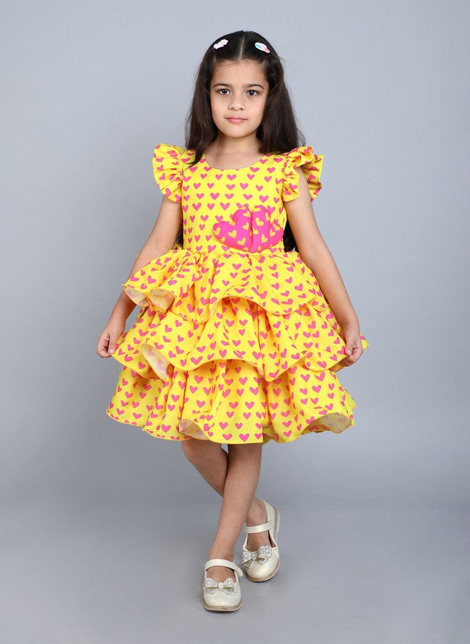 PinkChick Flutter Sleeve Yellow Heart Print Dress for Girls - Image 1