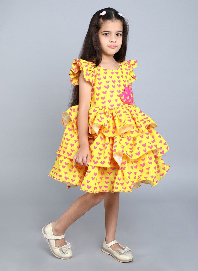 PinkChick Flutter Sleeve Yellow Heart Print Dress for Girls - Image 3
