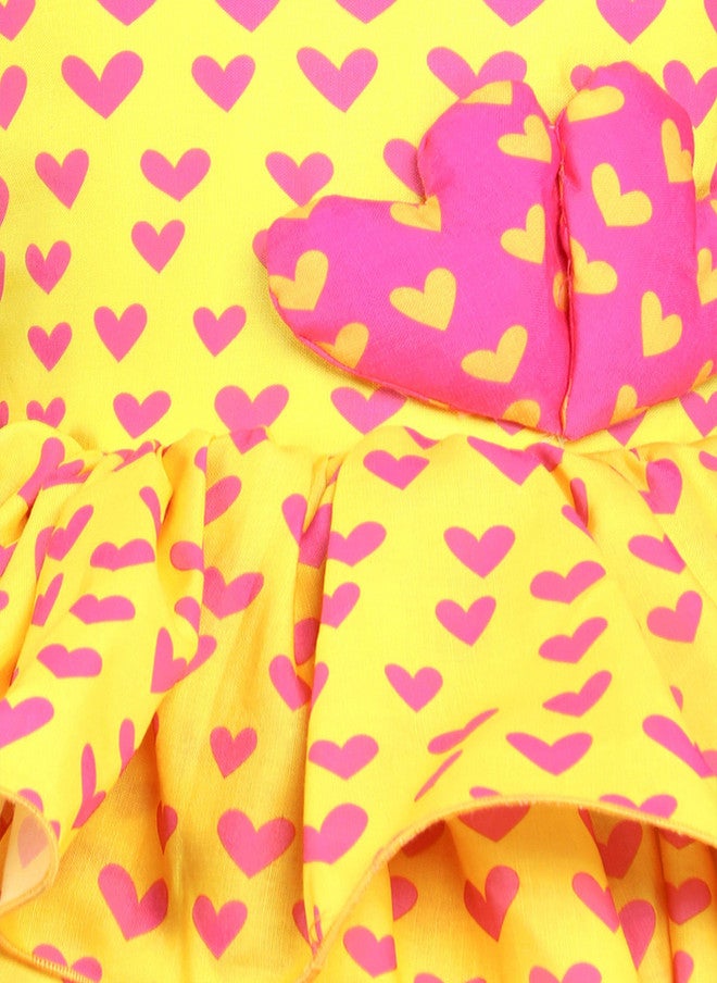PinkChick Flutter Sleeve Yellow Heart Print Dress for Girls - Image 2