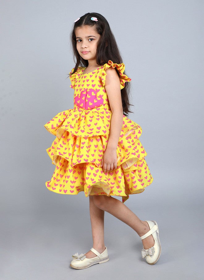 PinkChick Flutter Sleeve Yellow Heart Print Dress for Girls - Image 4