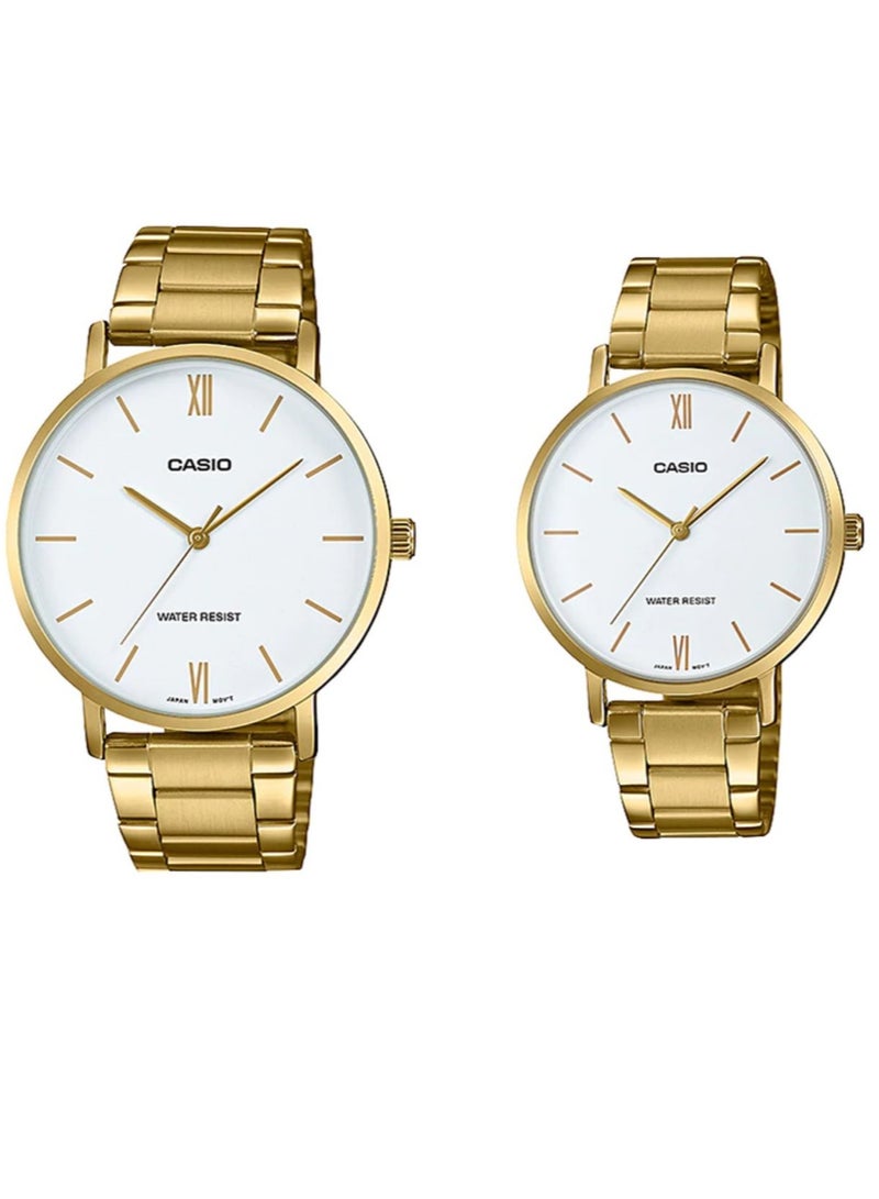 CASIO طقم ساعات كاسيو انالوج بمينا بيضاء وسوار من الستانلس ستيل MTP/LTP-VT01G-7B - Image 1