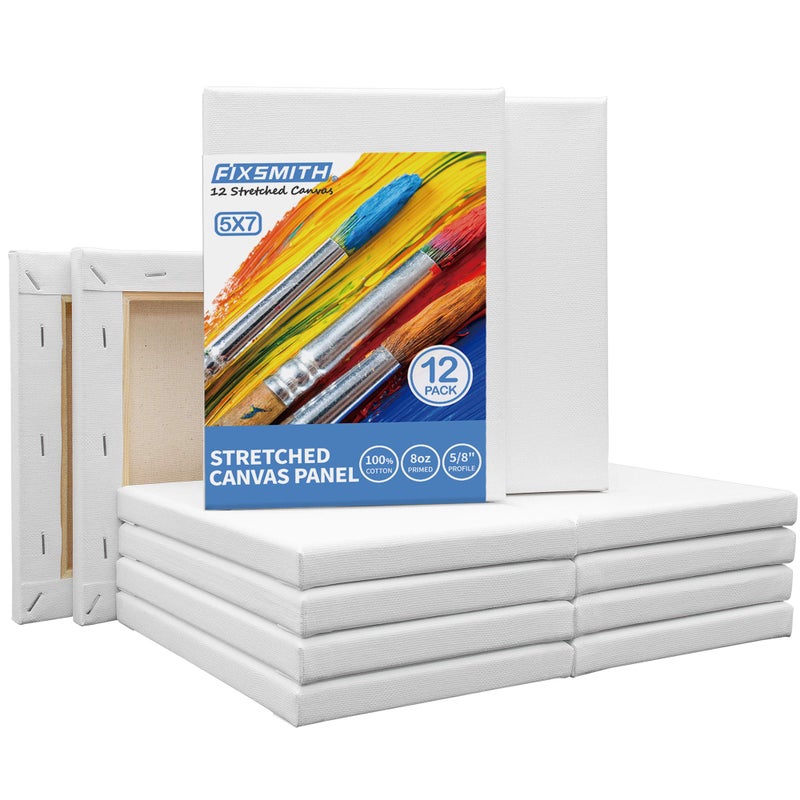 FIXSMITH Stretched White Blank Canvas 5x7 InchBulk Pack of 12Primed100 Cotton58 Inch Profile of Super Value Pack for AcrylicsOils  Other Painting Media