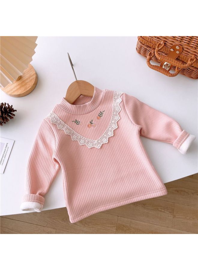 Girl's Western-style One-piece Velvet Base Shirt Autumn And Winter Baby's All-match Fleece-lined Top Children's Warm Inner T-shirt Trendy