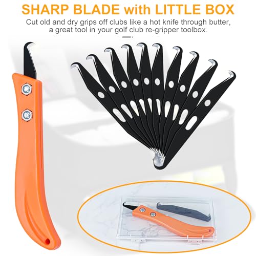 Syocsek 10pcs Club Hook Blade Knife with Handle, 3.4 Inch Double-end Golf Grip Removal Tool Kit with Plastic Box, DIY Hook Blades for Regripping Golf Club Mountain Bike Grip Baling Twine Black Orange - Image 4