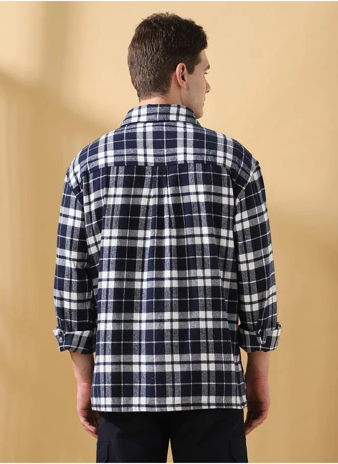 Dennis Lingo Relaxed Fit Checks Navy Flannel Regular Length Full Sleeves Spread Collar Woven Weave Button Down for Men -crafted to complement every occasion.