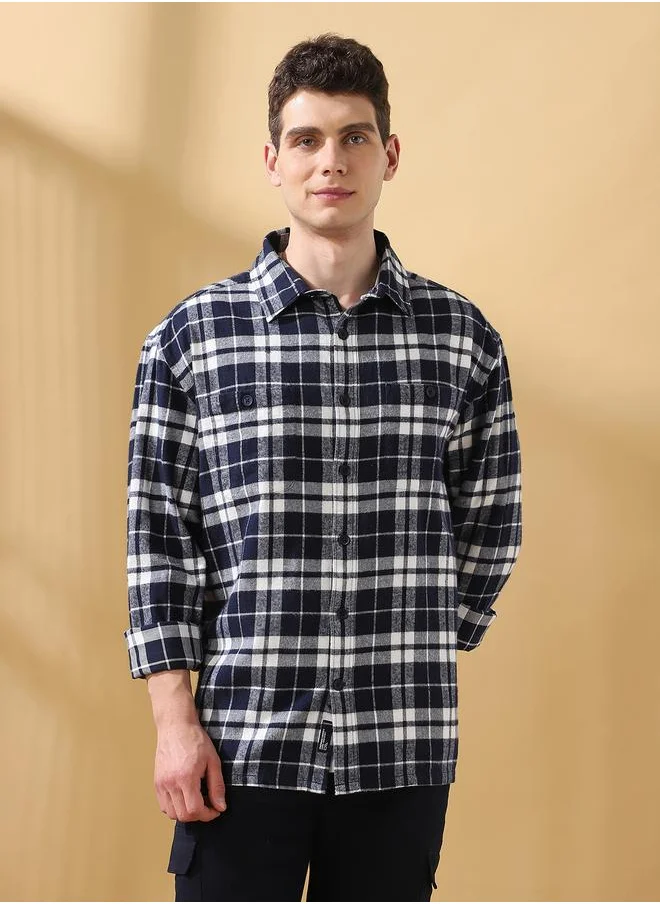 Dennis Lingo Relaxed Fit Checks Navy Flannel Regular Length Full Sleeves Spread Collar Woven Weave Button Down for Men -crafted to complement every occasion.