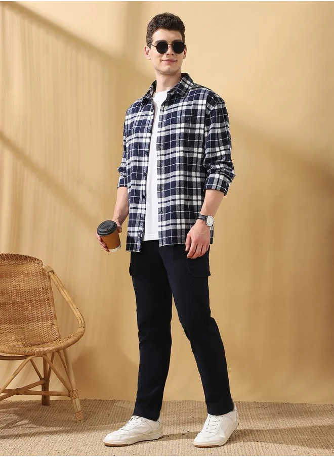 Dennis Lingo Relaxed Fit Checks Navy Flannel Regular Length Full Sleeves Spread Collar Woven Weave Button Down for Men -crafted to complement every occasion.