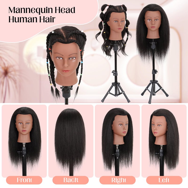 Demides Mannequin Head 100% Real Human Hair 16", Mannequin Head Human Hair Cosmetology Doll Head for Hair Styling, Manikin Head for Braiding With Clamp Holder - Image 5