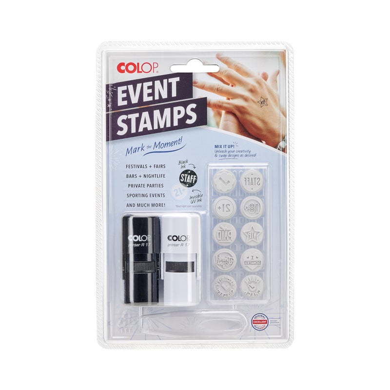 COLOP Printer R17 Event Hand Stamp Set with UV Ink, Special Event Supplies, Multiple Designs, Self-Inking, 10 Designs, 2 Stamps, Perfect for Festivals, Concerts, Bars - Image 1