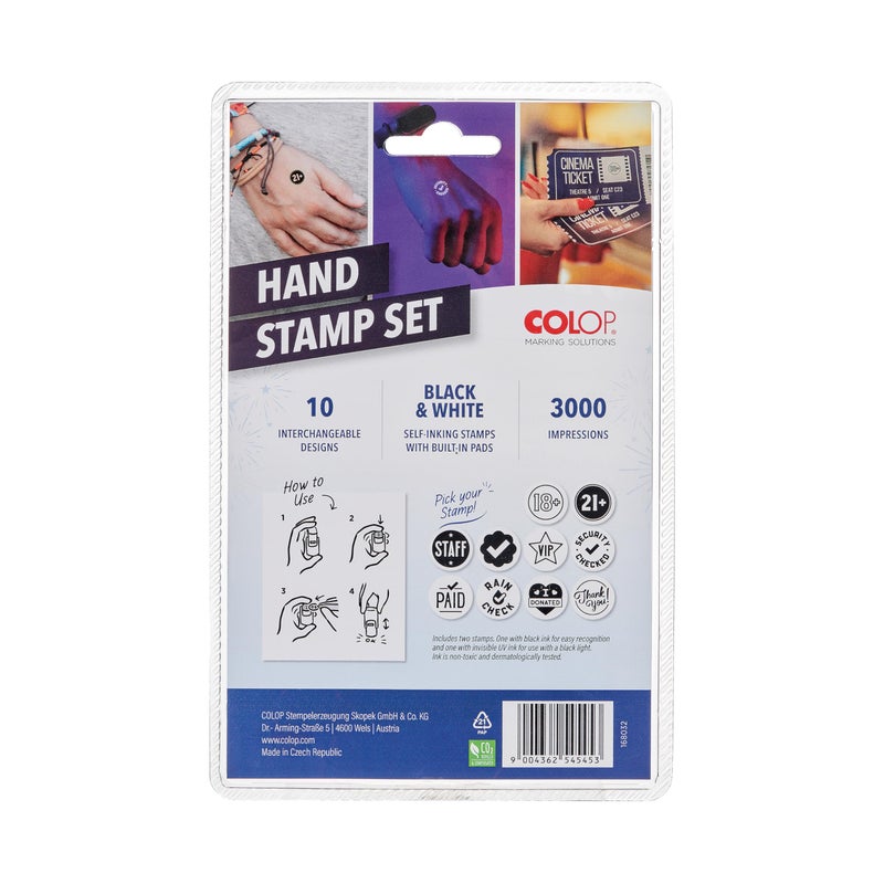 COLOP Printer R17 Event Hand Stamp Set with UV Ink, Special Event Supplies, Multiple Designs, Self-Inking, 10 Designs, 2 Stamps, Perfect for Festivals, Concerts, Bars - Image 2