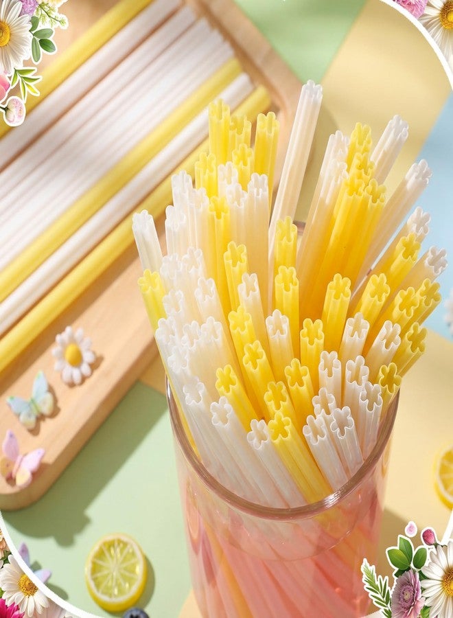 بوتشن مجموعة بوتشن من 50 قطعة من شفاطات الشرب البلاستيكية على شكل زهرة الأقحوان باللونين الأبيض والأصفر، بطول 9 بوصات، للاستخدام مرة واحدة، مثالية لحفلات الربيع وحفلات توديع العزوبية وحفلات الزفاف (أبيض وأصفر). - Image 2