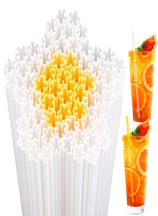 بوتشن مجموعة بوتشن من 50 قطعة من شفاطات الشرب البلاستيكية على شكل زهرة الأقحوان باللونين الأبيض والأصفر، بطول 9 بوصات، للاستخدام مرة واحدة، مثالية لحفلات الربيع وحفلات توديع العزوبية وحفلات الزفاف (أبيض وأصفر). - Image 1