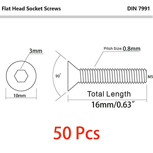 SDY 50 Pcs M5-0.8 x 16mm Flat Head Socket Cap Screws Bolts, Stainless Steel 18-8 (304), Bright Finish, Allen Socket Drive,Machine Screws Inner Hex Screw Fasteners Bolts - Image 2