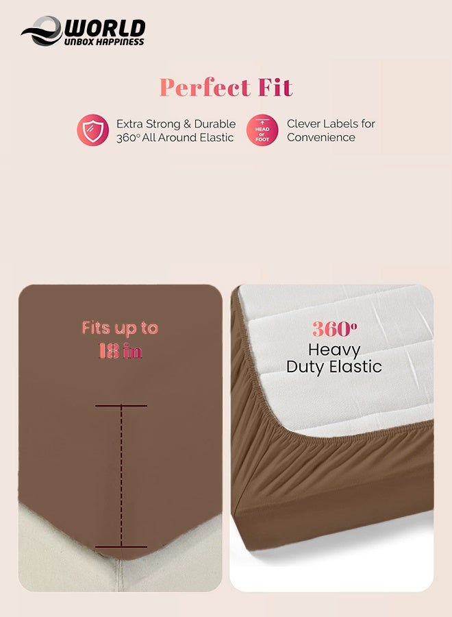 إي وورلد ملاءة سرير ميكروفايبر باللون البني بجيب عميق لتناسب محكم، قابلة للتنفس، قابلة للغسل بالغسالة للحماية المثلى، متوفرة بمقاسات كينغ، كوين وسنجل، بدون غطاء وسادة - Image 4