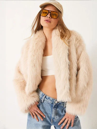 Bianco Lucci Faux Fur Cropped Open Collar Coat