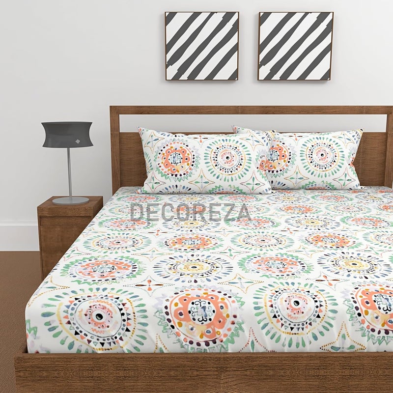 DECOREZA 350 TC Queen Size Elastic Fitted Bedsheet with Deep Pocket Cotton Feel Bed Sheet for Double Bed, Soft, Breathable & Wrinkle-Resistant, Includes 2 Pillow Covers, Size - 60"x78" White Rangoli - Image 2