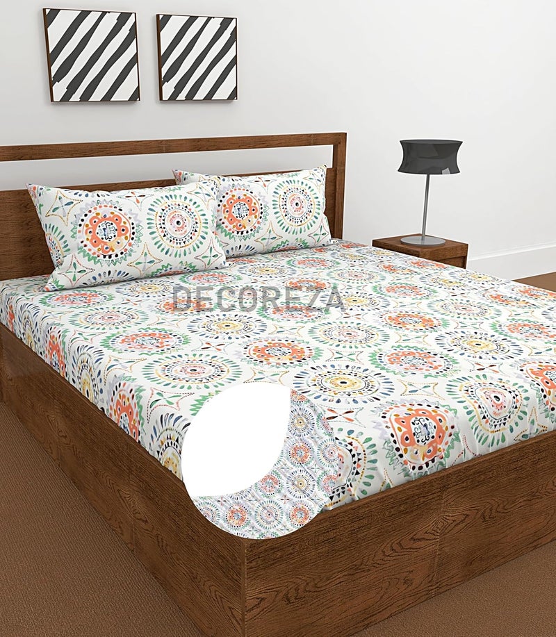 DECOREZA 350 TC Queen Size Elastic Fitted Bedsheet with Deep Pocket Cotton Feel Bed Sheet for Double Bed, Soft, Breathable & Wrinkle-Resistant, Includes 2 Pillow Covers, Size - 60"x78" White Rangoli - Image 1