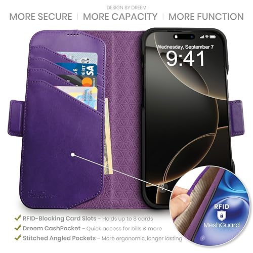 Dreem Wallet Case for iPhone 16 Pro Max Revolutionary VertHor Phone Stand Magnetic Detachable Vegan Leather Flip Cover RFID Blocking Card Holder MagSafeFit Gift Box Fibonacci Purple - Image 3