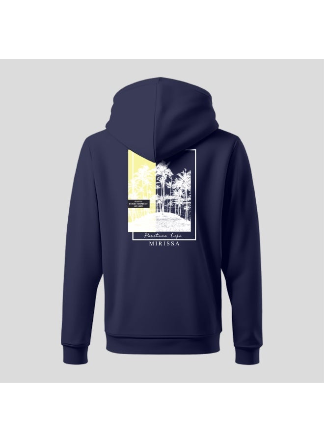 DXBSTAMPS Coconut Hills Hoodie – Navy Blue – Mirissa Beach Graphic – Unisex Pullover – Front & Back Print – Premium Cotton Blend – Tropical Streetwear - Image 1