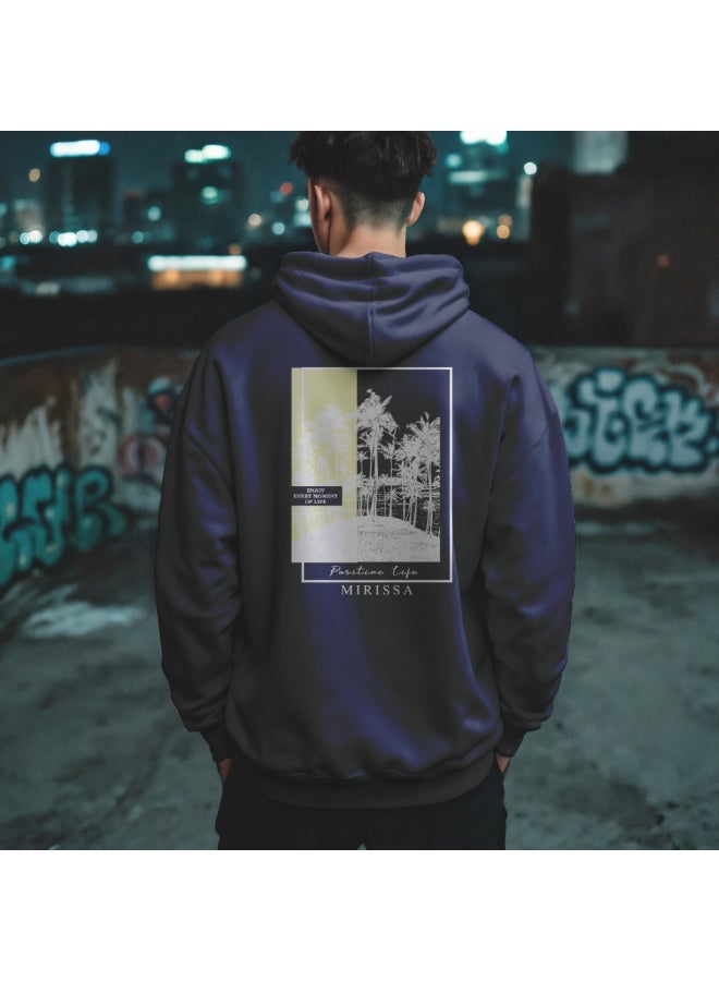 DXBSTAMPS Coconut Hills Hoodie – Navy Blue – Mirissa Beach Graphic – Unisex Pullover – Front & Back Print – Premium Cotton Blend – Tropical Streetwear - Image 4