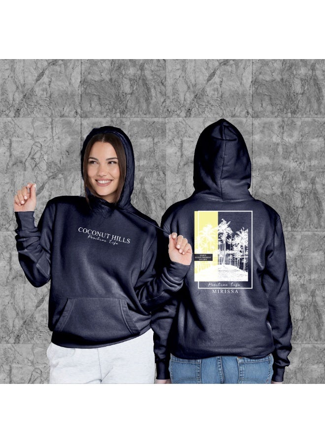 DXBSTAMPS Coconut Hills Hoodie – Navy Blue – Mirissa Beach Graphic – Unisex Pullover – Front & Back Print – Premium Cotton Blend – Tropical Streetwear - Image 5