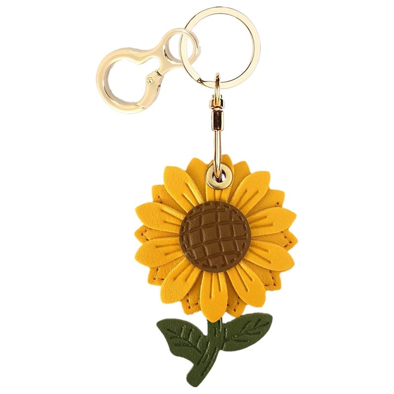 BORKUANA Leather Keychain Holder Case Compatible with AirTag,Cute Protective Apple Air Tag Cover with Keychain Ring,Anti-Scratch Finder GPS Tracker Case for Wallet Keys,bag,pets(Sunflower) - Image 1