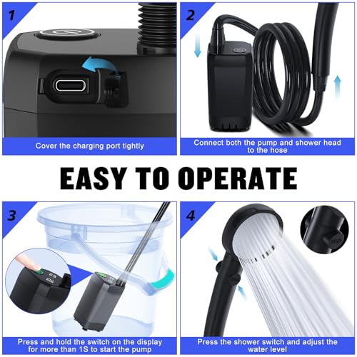 Spopal Portable Shower for Camping, [Long-Lasting] 6000mAh Rechargeable Camping Shower with Intelligent LED Display, 4 Spray Modes, IPX7 Waterproof Outdoor Camp Pump for Hiking, Travel, Car, Pet(Bk) - Image 5