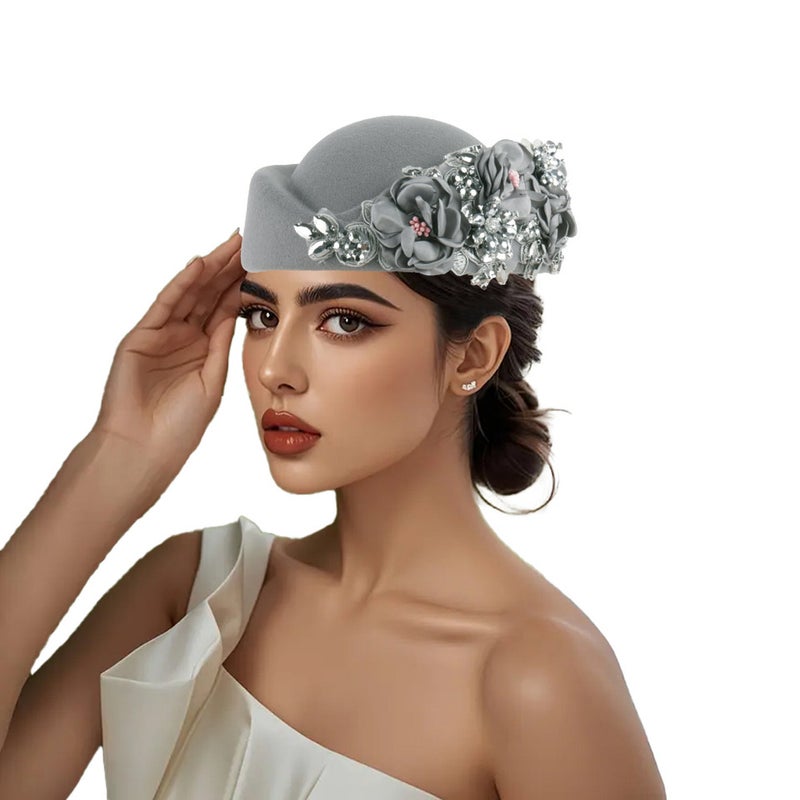 New Turban Cap Side Organza Feather Floral Melon Hat - Image 1