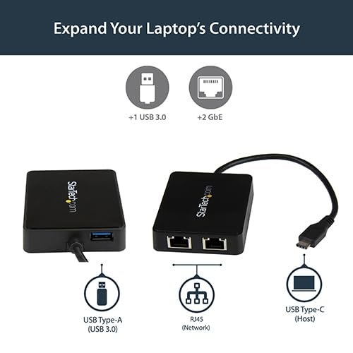 Startech.com StarTechcom USB C to Dual Port Gigabit Ethernet Adapter with USB 30 TypeA Port USB TypeC Gigabit Network Adapter Black - Image 3