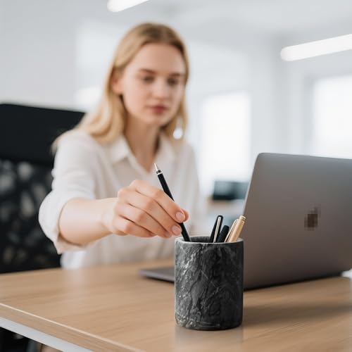 WORHE Pen Holder Stand Italy Natural Premium True Marble Makeup Brush Holders, Tableware Organizer Desk Pencil Cup for Home Office School Decor Dark Grey (DL012) - Image 4