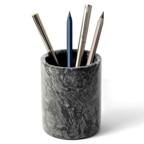 WORHE Pen Holder Stand Italy Natural Premium True Marble Makeup Brush Holders, Tableware Organizer Desk Pencil Cup for Home Office School Decor Dark Grey (DL012) - Image 1