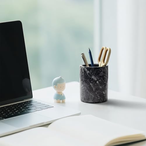 WORHE Pen Holder Stand Italy Natural Premium True Marble Makeup Brush Holders, Tableware Organizer Desk Pencil Cup for Home Office School Decor Dark Grey (DL012) - Image 2