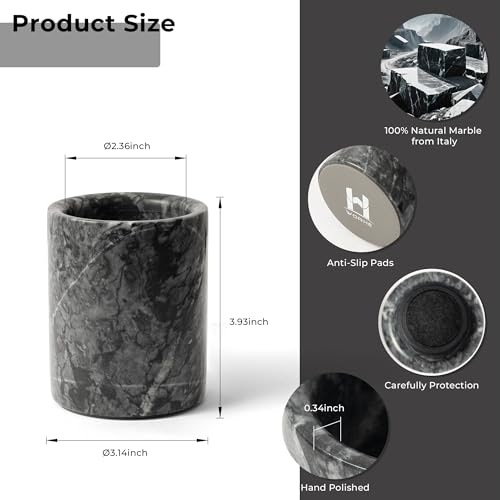 WORHE Pen Holder Stand Italy Natural Premium True Marble Makeup Brush Holders, Tableware Organizer Desk Pencil Cup for Home Office School Decor Dark Grey (DL012) - Image 3