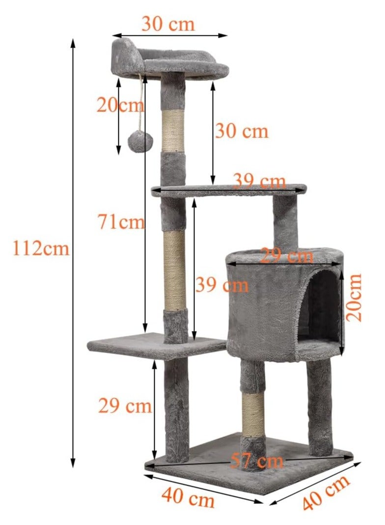 NNC PETS Cat tree activity center with Curved perch, Dangling ball, Sisal scratching post, and Cozy cat condo, Multi-level cat tree tower for Indoor cats, Easy to assemble 112 cm (Grey) - Image 2