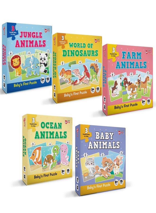 Little Berry Baby’s First Puzzle Game: Animal & Dinosaur Puzzles | Set of 5 Cardboard Puzzles with 15 Pcs Each | Montessori Educational Toys for 2 3 4 Year Old Boys & Girls | Early Puzzle Set for Kids - Image 1
