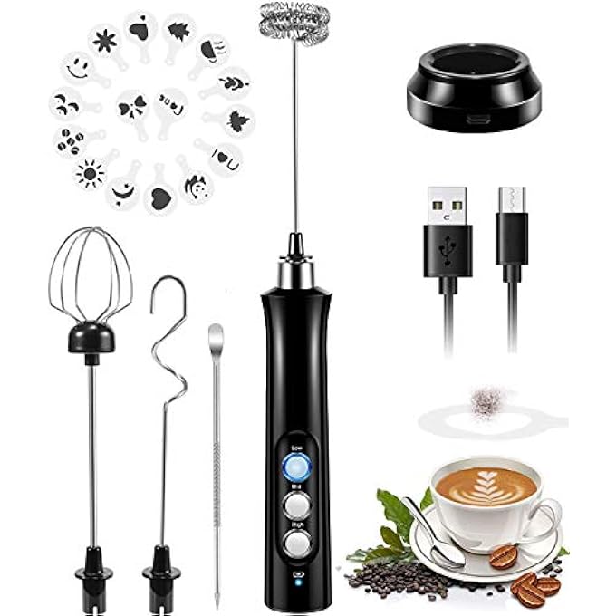 ACHAS Mini Milk Frother 3 Speeds Electric Handheld Foam Maker Usb Rechargeable Blender Egg Beater Drink Mixer With 2 Spring Whisk Heads  16 Coffee Art Stencils For Coffee Latte Cappuccino Hot Chocolate - Image 1
