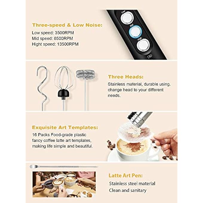 ACHAS Mini Milk Frother 3 Speeds Electric Handheld Foam Maker Usb Rechargeable Blender Egg Beater Drink Mixer With 2 Spring Whisk Heads  16 Coffee Art Stencils For Coffee Latte Cappuccino Hot Chocolate - Image 3