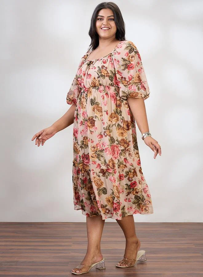 globus Globus Plus Size Beige Floral Print Midi Dress